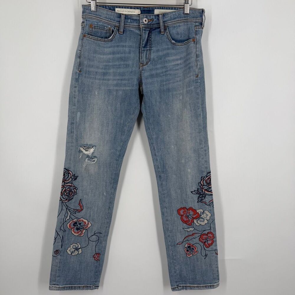Pilcro and the Letterpress Blue Embroidered Floral Denim Slim Boyfriend Jeans 27